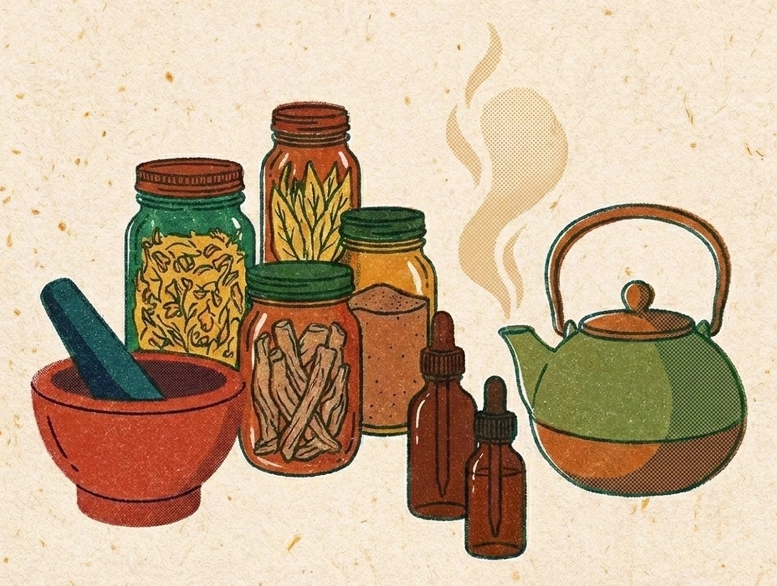 Herbal jars, mortar and pestle, and a teapot